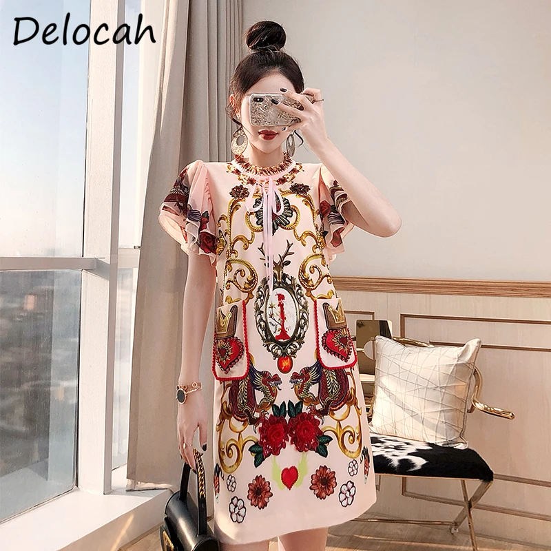 

Delocah летнее женское модное дизайнерское прямое платье с коротким рукавом, оборками, кристаллами, карманами, цветочным принтом, женские мини ...