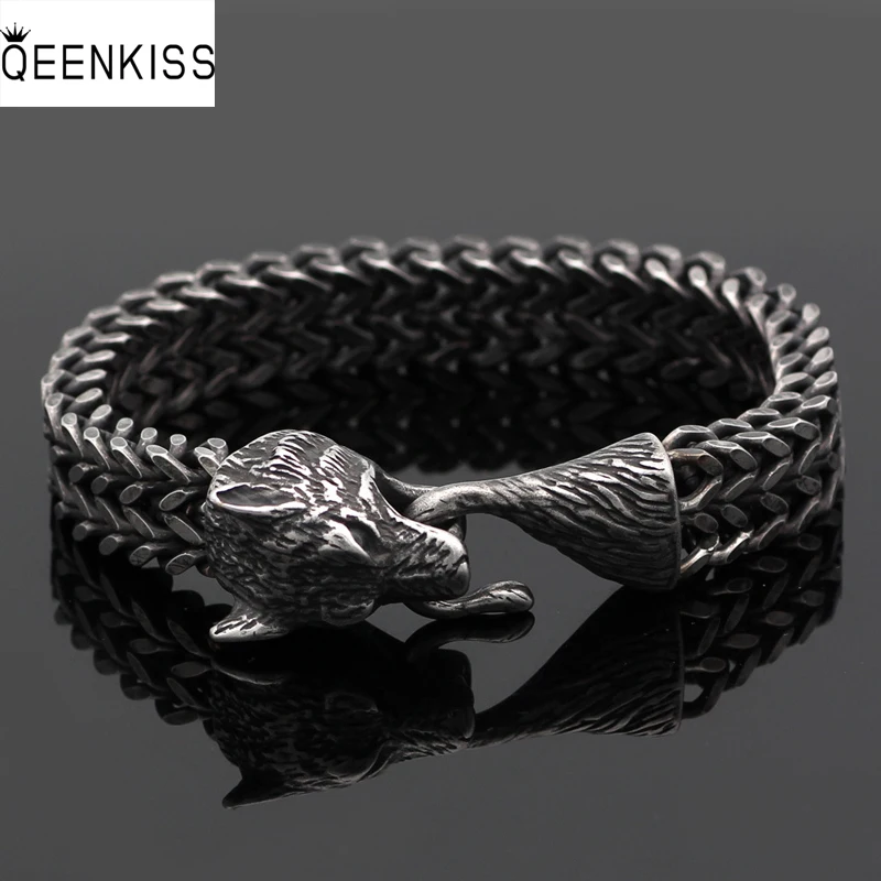 

QEENKISS BT833 Fine Jewelry Wholesale Fashion Men Birthday Wedding Gift pirate Celtic WolfHead Halloween Titanium Steel Bracelet