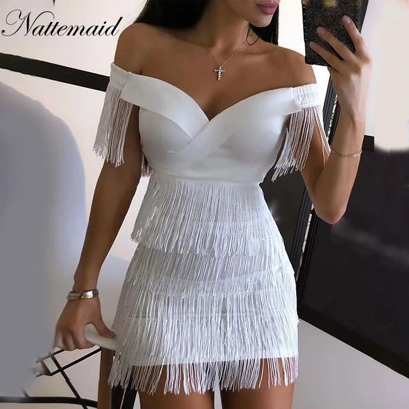 Joyfunear белого цвета с кисточками летнее пляжное платье для женщин низким вырезом