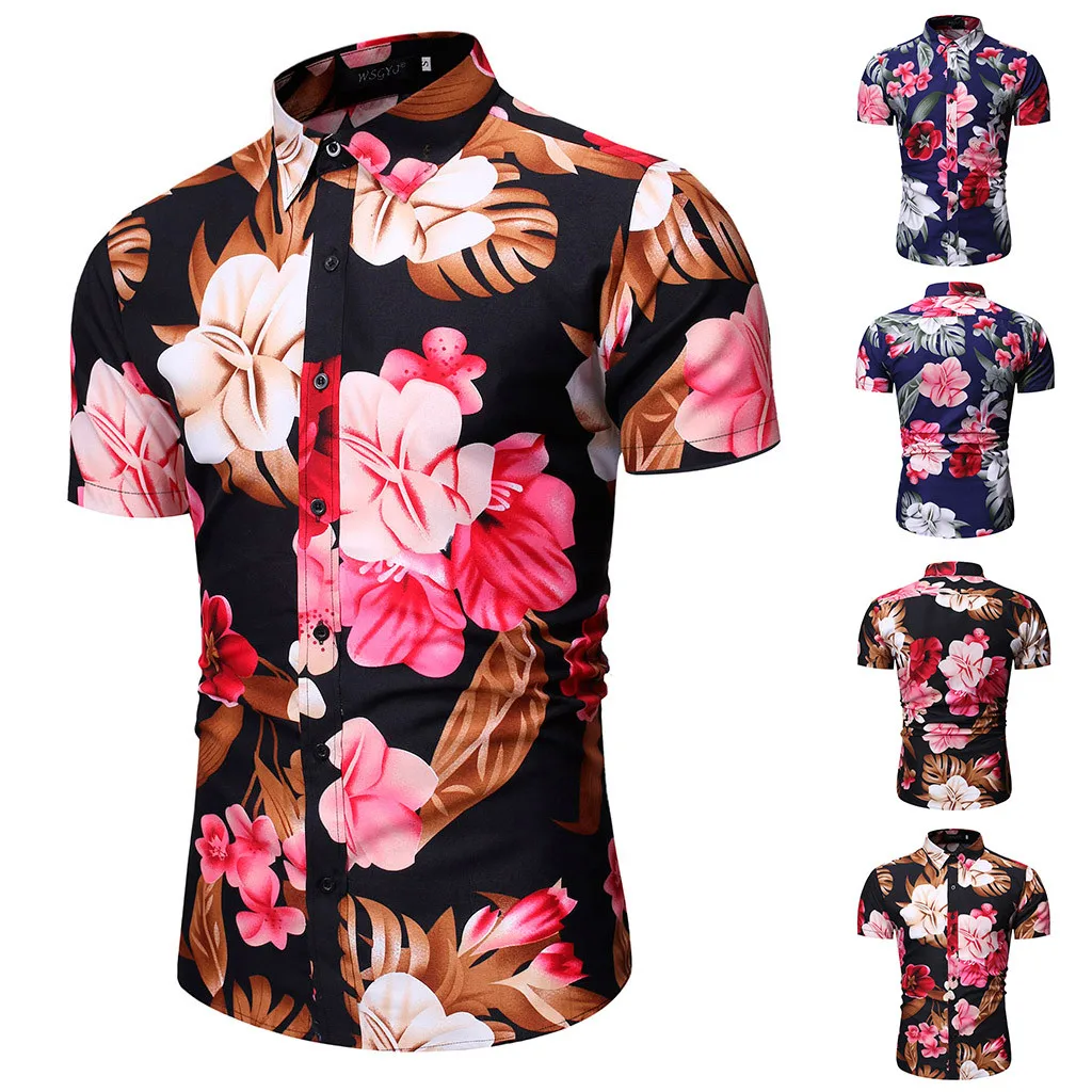 

Men's Boy Spring Summer Casual Slim Printed Short Sleeve Shirts Top Beach Blouse