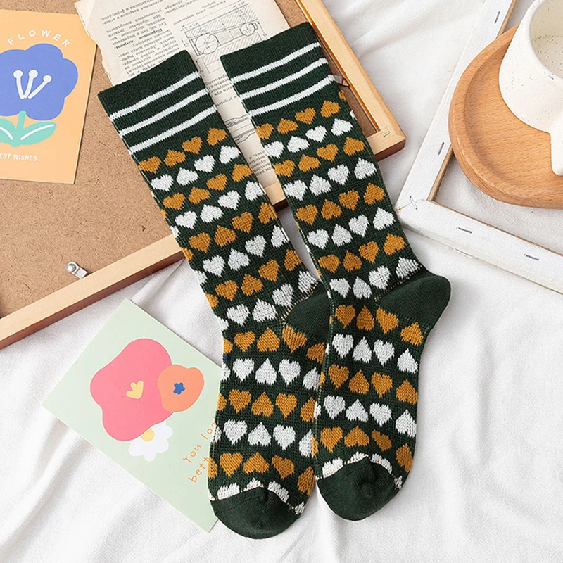 

Colorful Women Socks Happy Cotton Knitted Long Socks Korean Fashion Novelty Kawaii Love Heart Striped Girls Funny Socks 2021 New