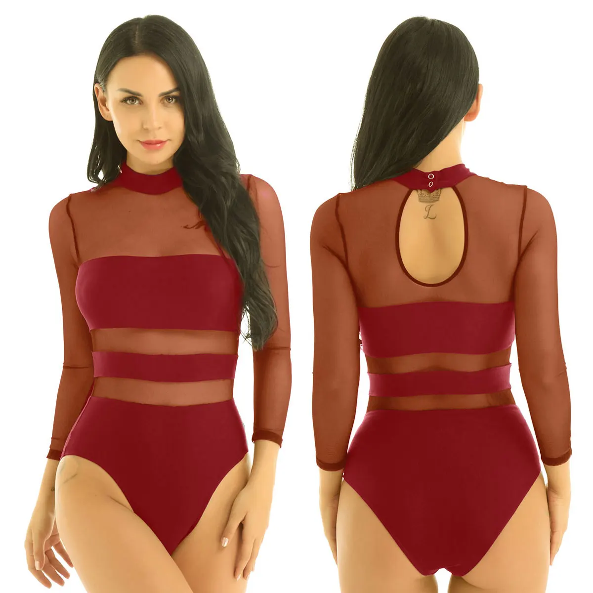 Wine Red ChicTry взрослый макет шеи с длинным рукавом сетки Сращивание сексуальный боди латинские балетные гимнастические леотарды женский костюм для танцев выступлений - Цвет: Wine Red