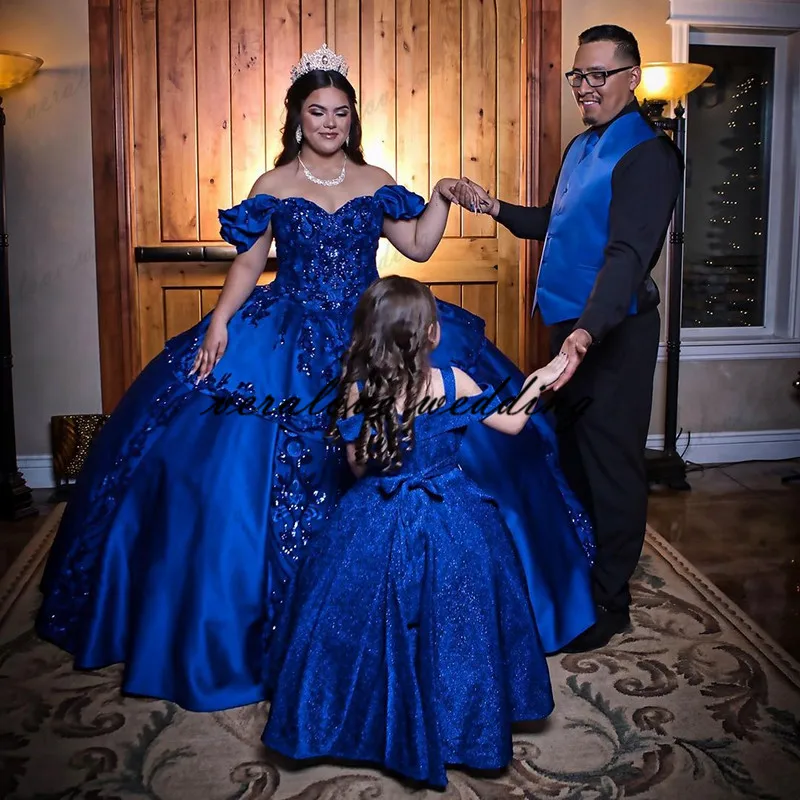 

Princess Royal Blue Ball Gown Quinceanera Dresses Off Shoulder Sequins Lace Appliqued Sweet 16 Girls Prom Gowns 2021