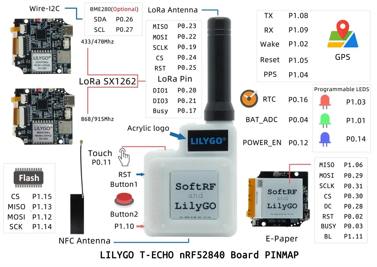 LILYGO® TTGO T-Echo Meshtastic 433 / 868 915MHz Module BME280 NRF52840 SX1262 LORA GPS RTC 1.54 E-Paper BLE NFC for Arduino | Электроника