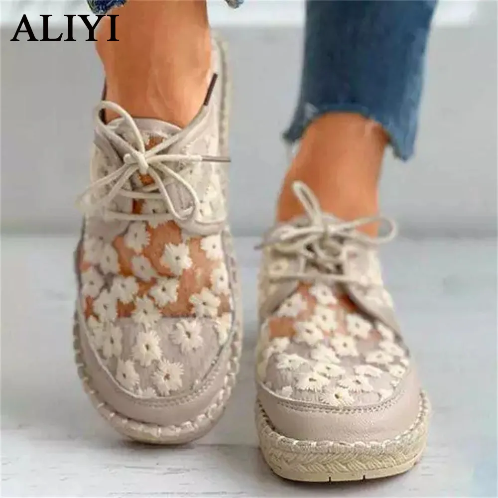 

Summer Comfortable Loafers 2021 Women's Retro Mesh Breathable Flat Casual Shoes 35-40 Hollow Embroidery Lace Up Female Sneakers