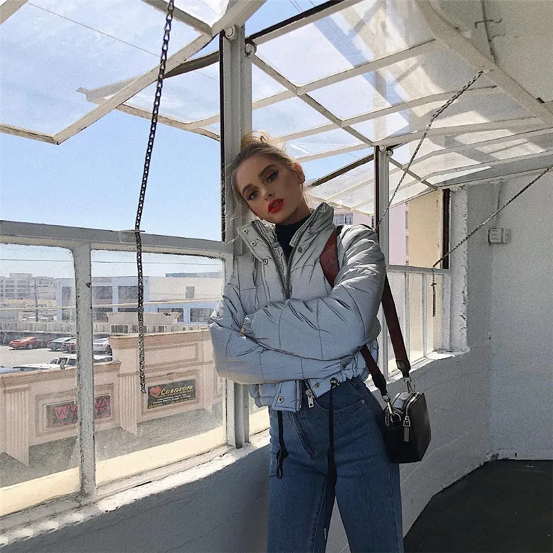 

New Winter Female Short Jacket Coat Casual Short Warm Women Silver Reflective Parka Ladies Parka High Fashion Streetwear
