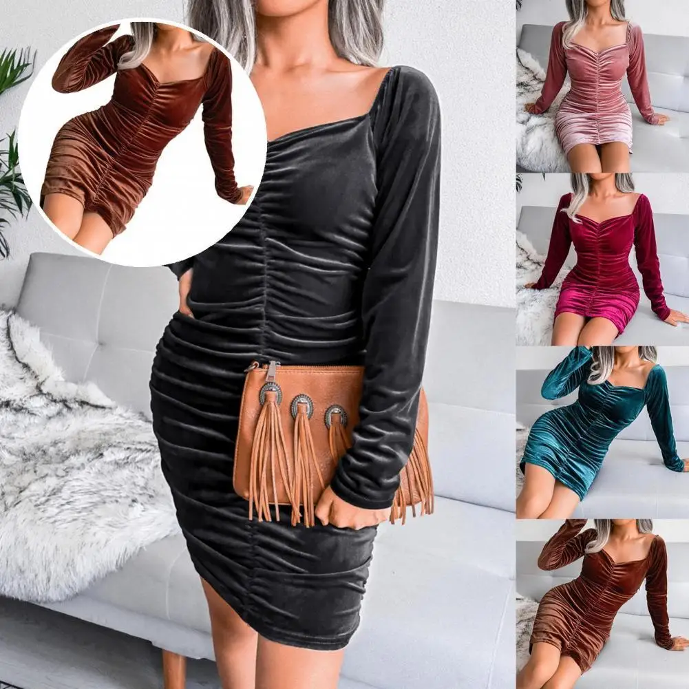 

Comfy Popular Square Collar Pleated Party Dress Warm Bodycon Dress Low Cut for Home