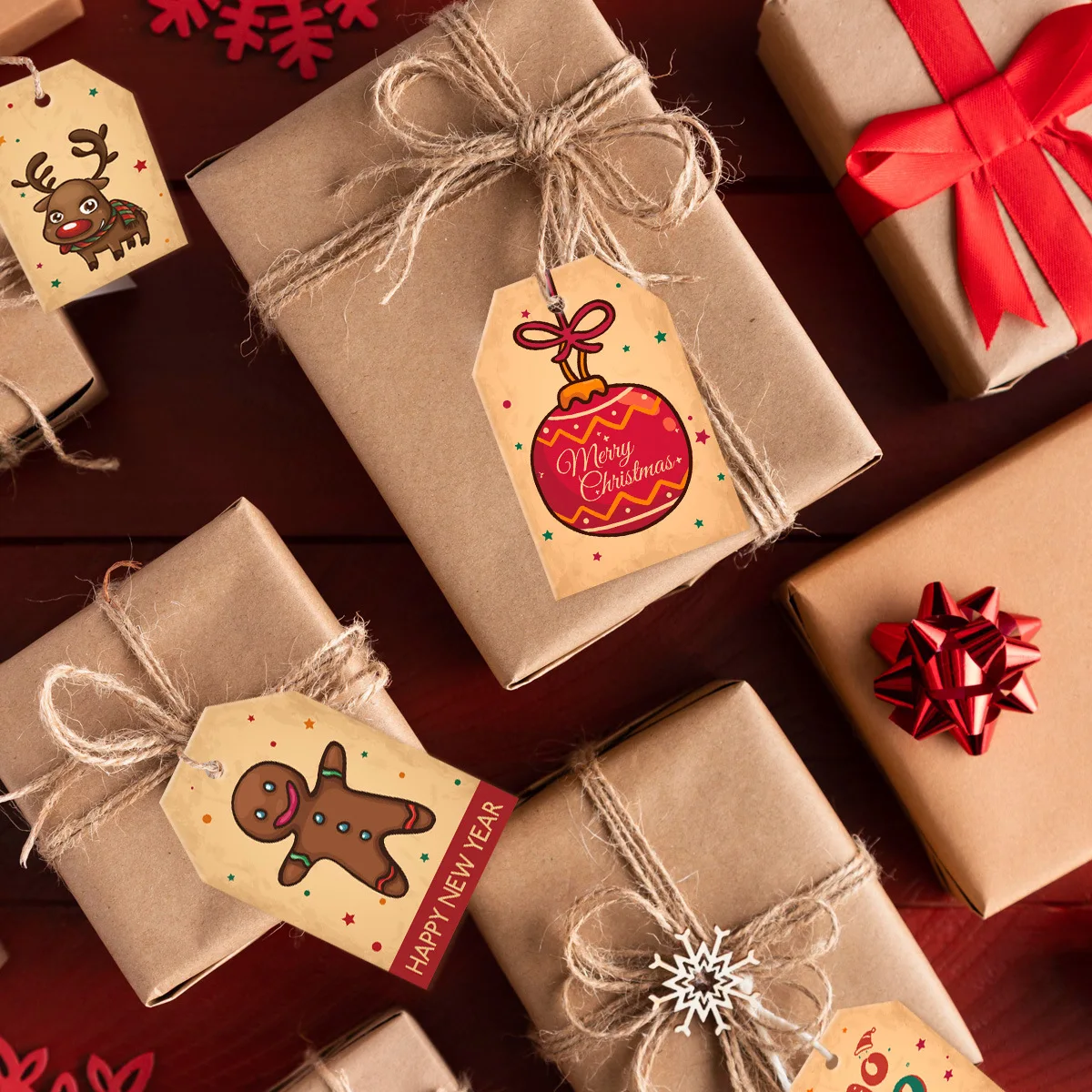 

96 шт., коричневая Крафтовая бумага, ручная работа, Рождественский праздничный подарок, оберточный штамп и этикетпосылка упаковка, карточка ...