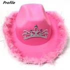 Розовая ковбойская шляпа с узором из перьев и букв, корона, ковбойская шляпа с блестками, розовая, джазовая, ковбойская, в стиле хип-хоп, Новая розовая шляпа с веревкой