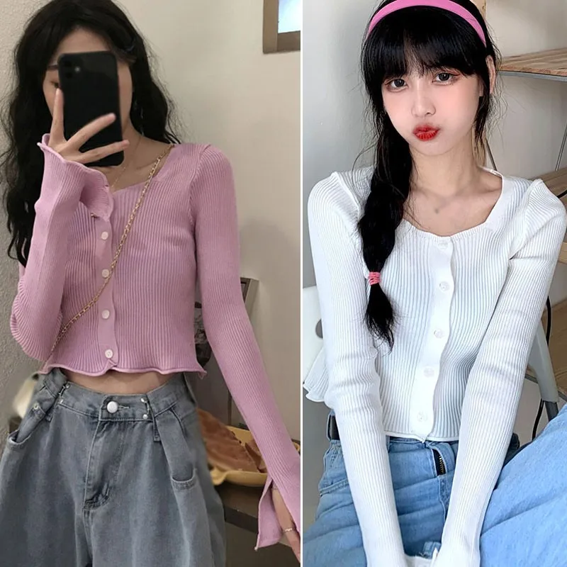 

2020 Summer Autumn Thin Knitted Crop Cardigan Women Korean Style Solid Long sleeve V neck Single Breasted Cardigan Coat