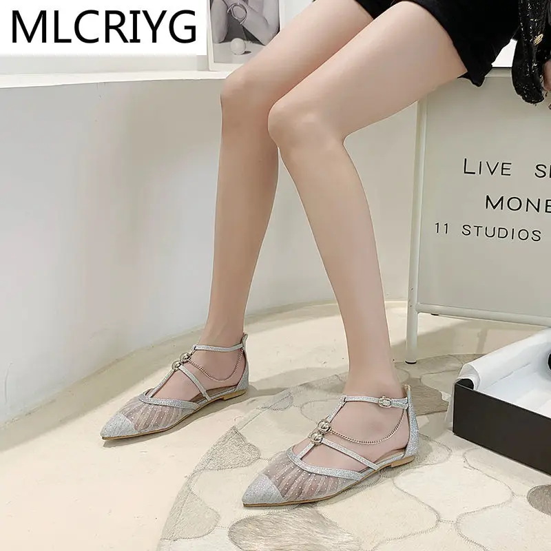 

2021 Spring New Pointed Sweet Baotou Women Flat Shoes Fashionable Sexy Mesh White Party Shoes One-word Buckle Women Flat Shoes