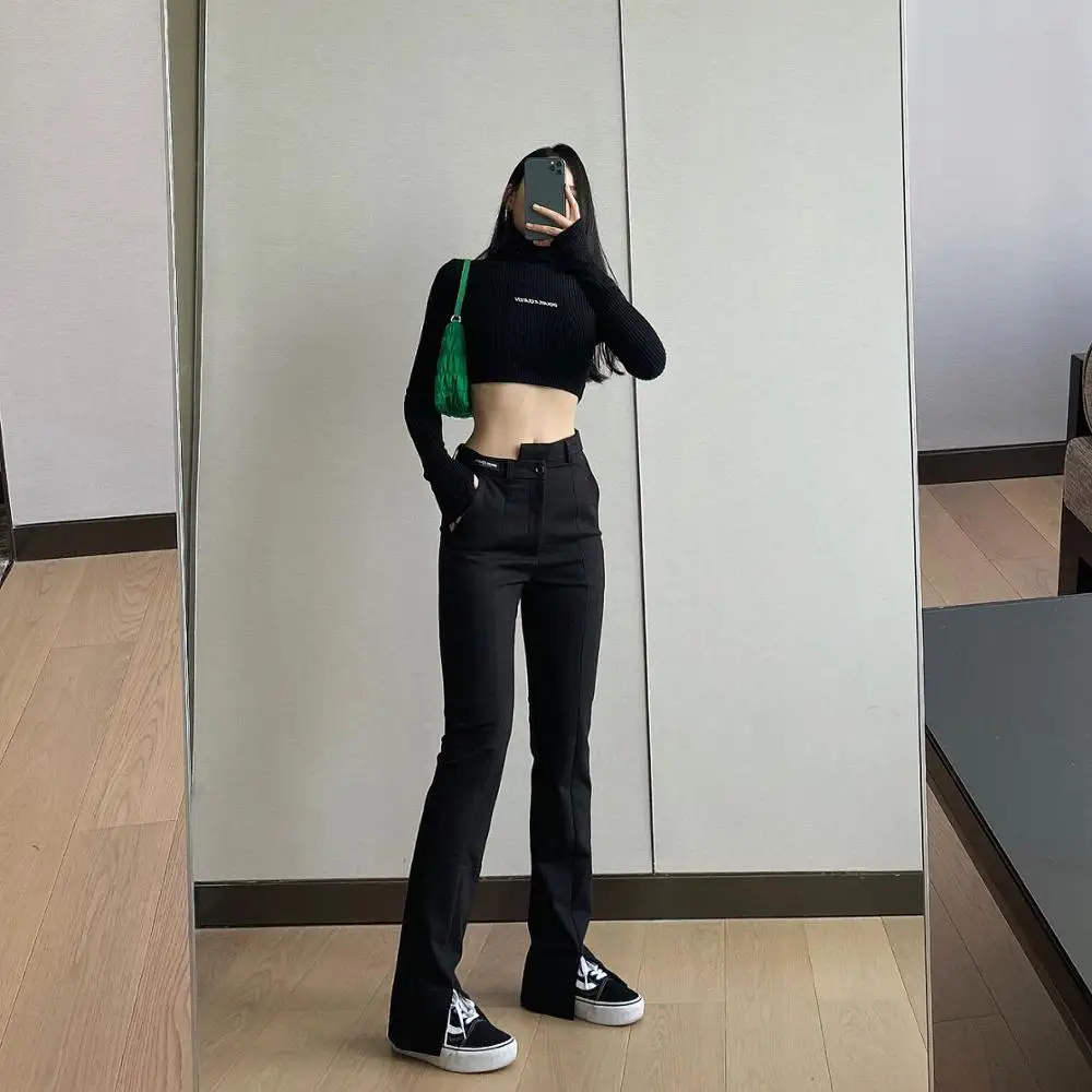 

Черные однотонные брюки-клеш с высокой талией, женские длинные брюки, осенние облегающие женские элегантные длинные брюки, брюки с разрезом...