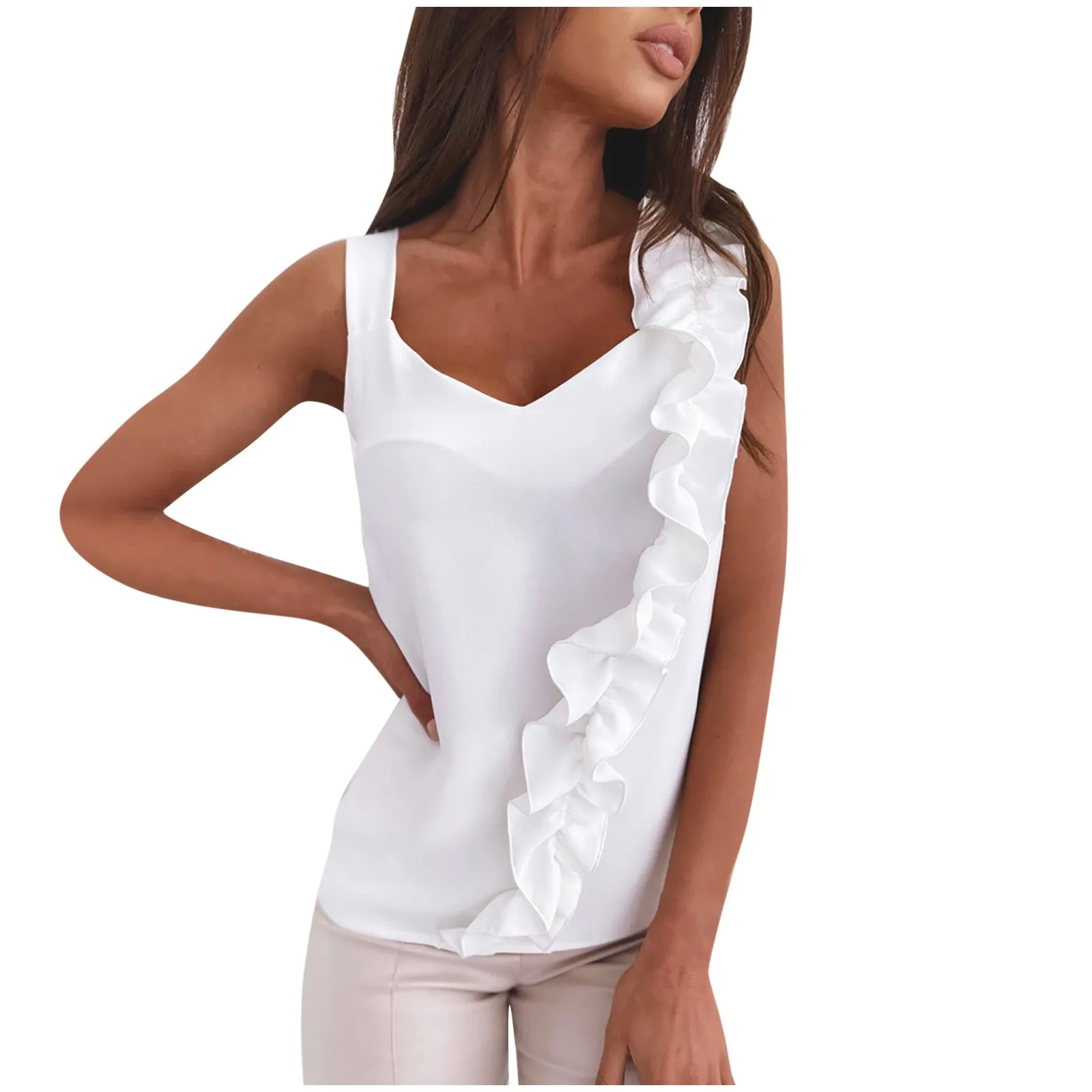 

40# Sexy Sleeveless Ruffle Vest Blouse Shirts Women V-neck Solid Color Tank Tops Elegant Office Lady Basic Tshirts For Women