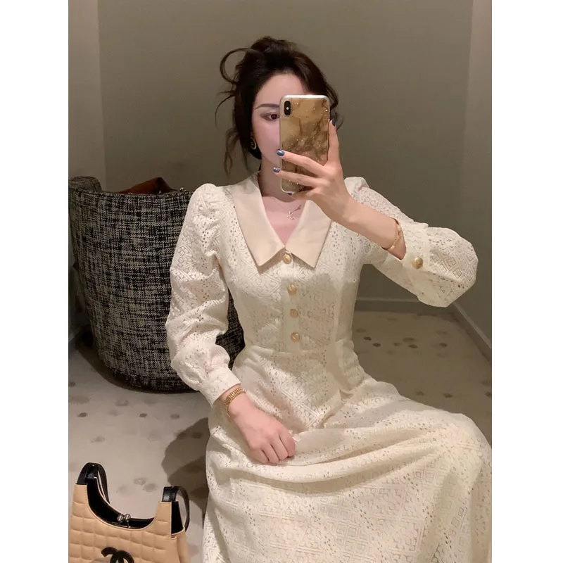 

Women's Elegant Lace Dress Women's new summer 2021 V-neck long sleeve socialite lace tea dress fashion MIDI skirt