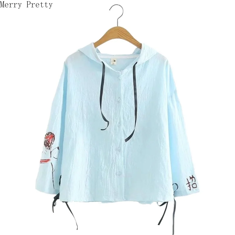 

Женская хлопковая блузка с капюшоном, Повседневная Свободная рубашка с длинным рукавом и мультяшным принтом, весна 2021