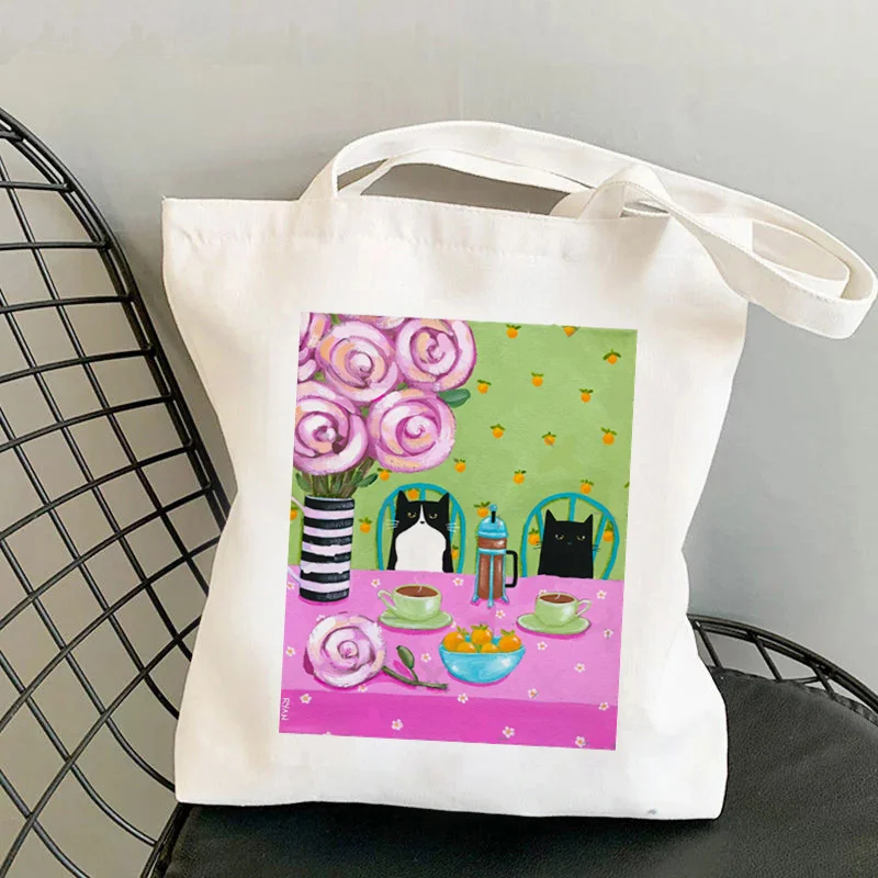 

2021 Shopper, розовая сумка-тоут с принтом кофейных кошек, женская сумка для покупок в стиле Харадзюку, Женская Холщовая Сумка
