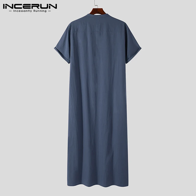 

Men Muslim Kaftan Islamic Arabic Jubba Thobe Solid Color Stand Collar Short Sleeve Robes Cotton Middle East Caftan S-5XL INCERUN