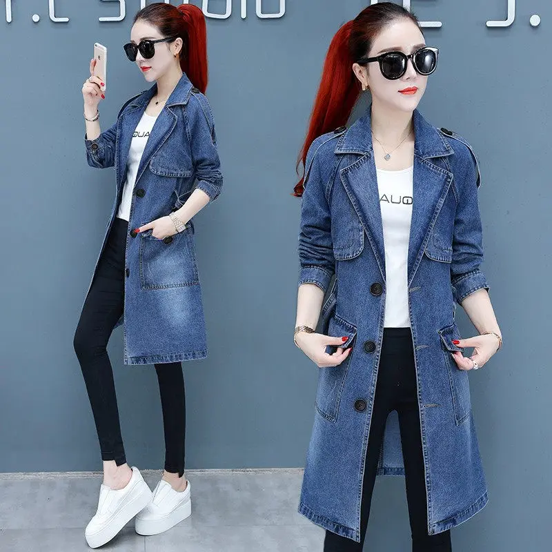 

Spring 2020 New Women's High-end Long Denim Jacket Windbreaker Temperament Lady Suit Collar Single Breasted Bandage Coat K316