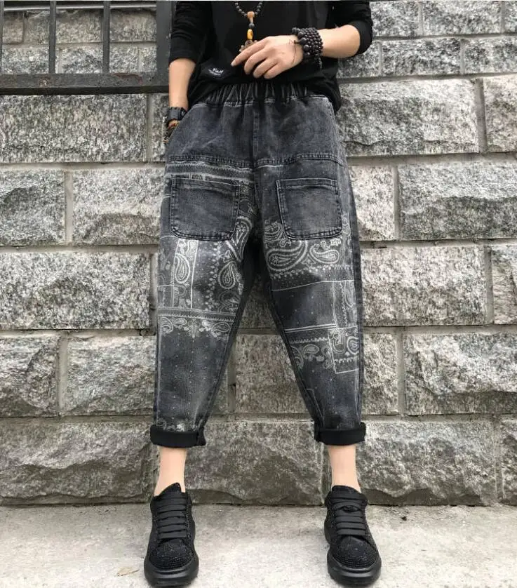 

Autumn Arts Style Women Elastic Waist Denim Harem Pants All-matched Casual Double Pocket Vintage Print Jeans Plus Size