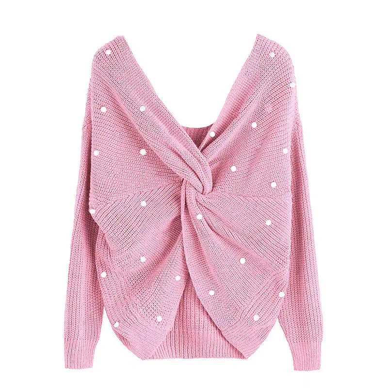 Женский свитер с жемчужными бусинами и V-образным вырезом милые Бордовые женские