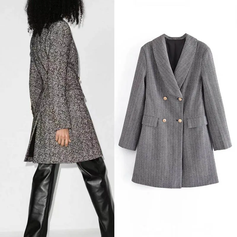 

KUMSVAG Women Autumn Winter ZA Striped Wool Blends Coats 2021 Casual Double Breasted Female Elegant OL Overcoat Outerwear