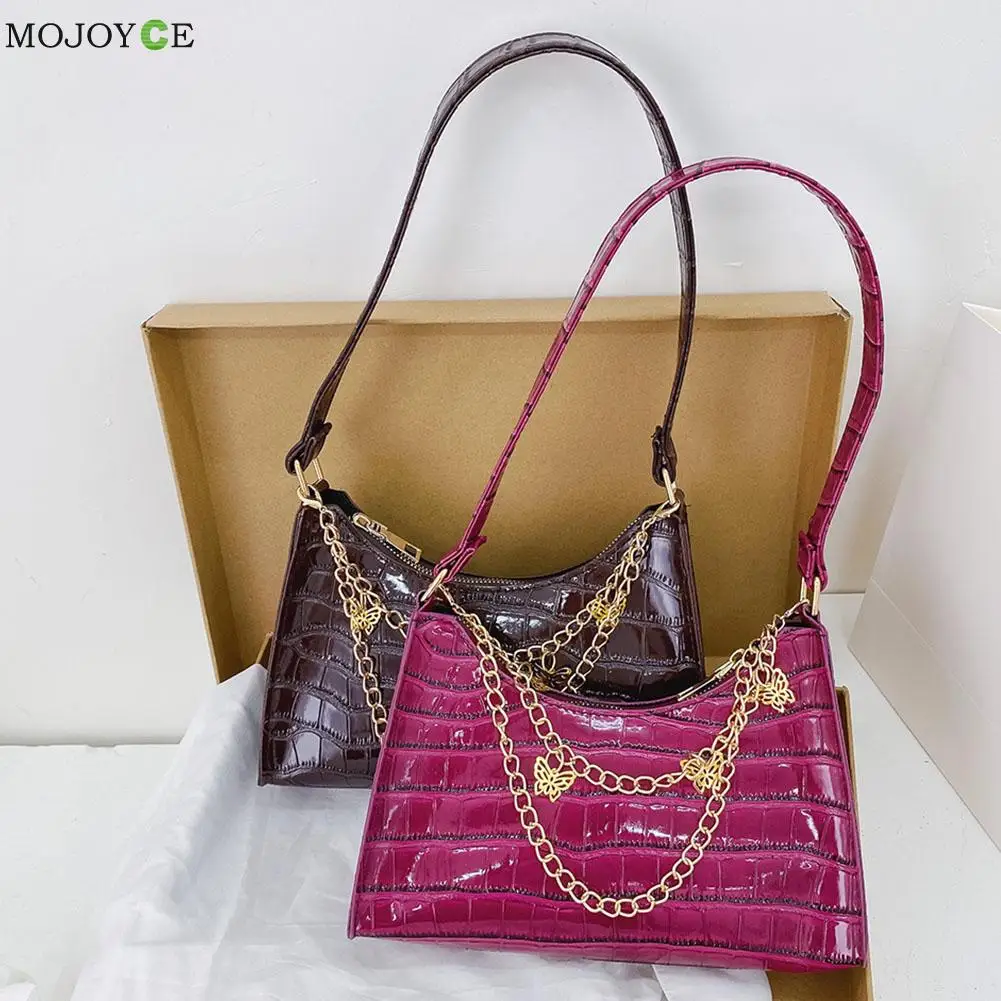 

Shoulder Underarm Bags Ladies PU Leather Embossing Solid Casual Small Baguette Handbags with Alligator Pattern Designed