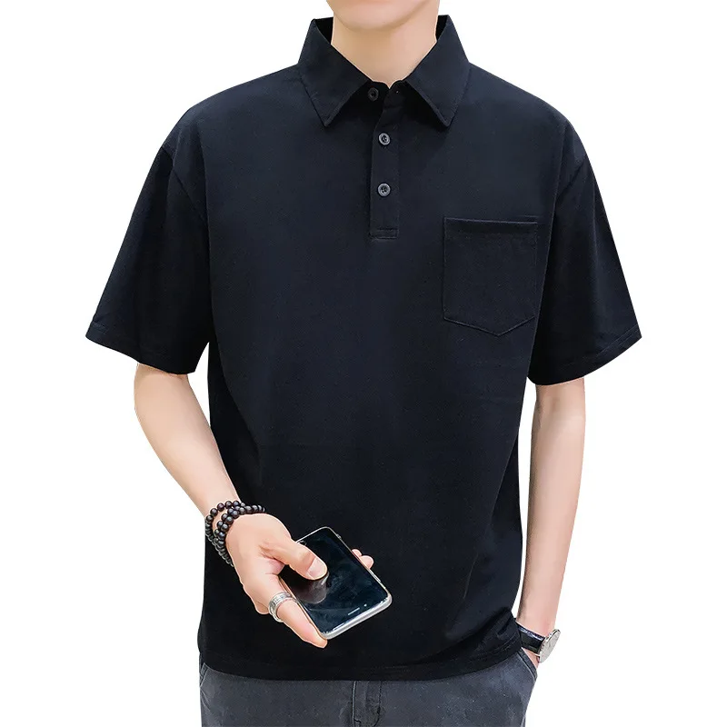 

Summer men's short sleeve T-shirt solid color leisure simple loose collar polo shirt with pocket T-shirt fashion