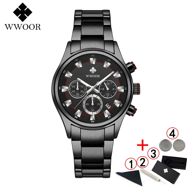 full black box Мужские часы лучший бренд класса люкс WWOOR золотые черные часы мужские Новые водонепроницаемые Хронограф Золотые мужские наручные часы мужские - Цвет: full black box