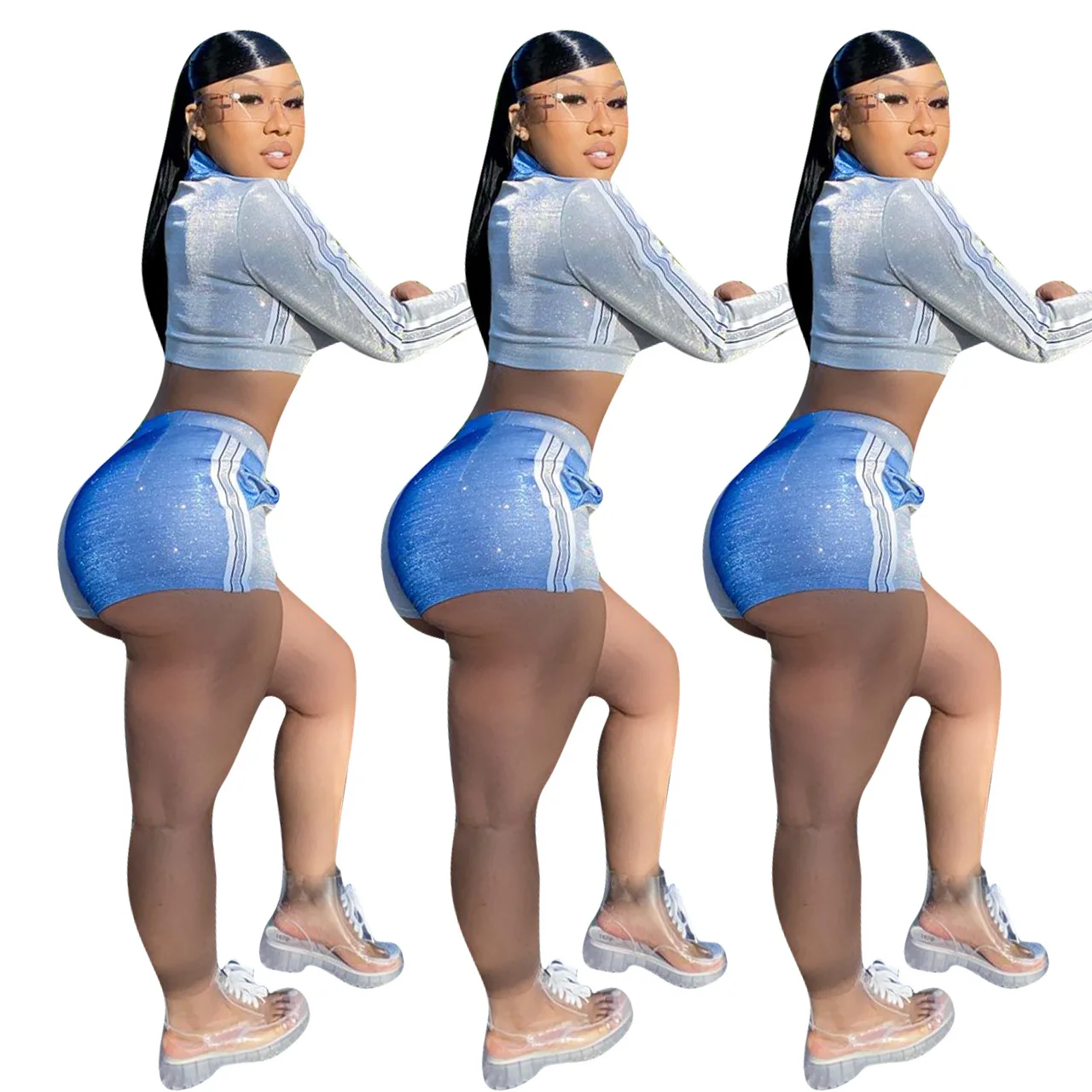 

Zoctuo Tank Tops Biker Shorts Sets Women Sportwear Two-Piece Set Casual Zipper Turn-Down Collar Long Sleeve Patchwork Tracksuits
