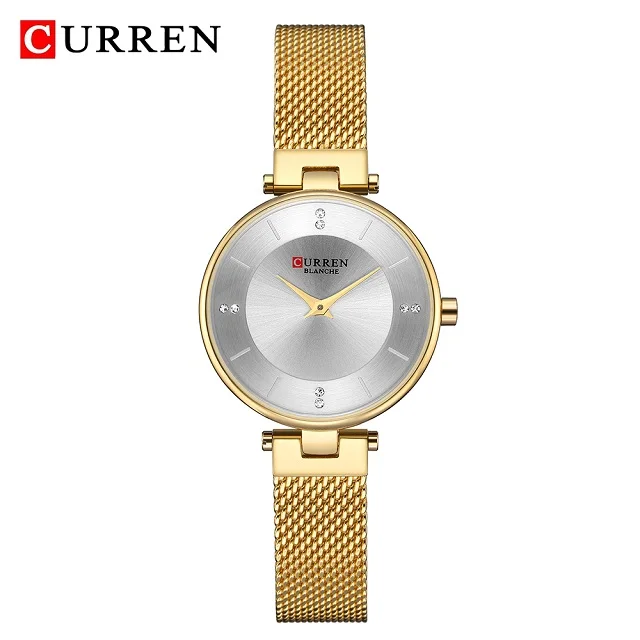 Gold White Новые модные женские часы CURREN Роскошные Кварцевые женские наручные часы розовое золото сетчатый ремень женские минимализм горный хрусталь водонепроницаемые часы - Цвет: Gold White