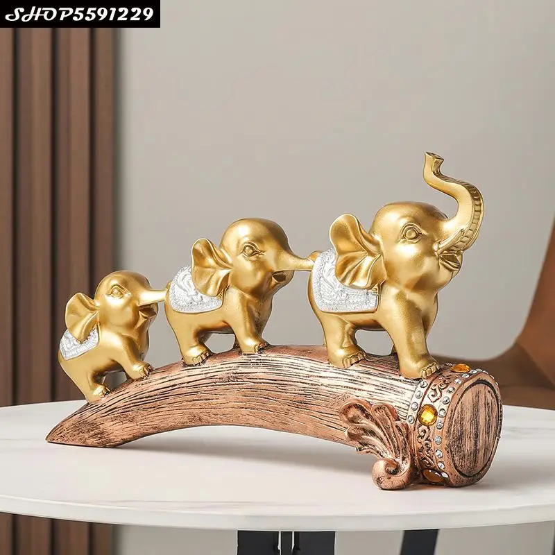 

European Resin Golden Elephant Ornaments Retro Animal Figurines Crafts Living Room Three Little Elephants Desktop Ornaments Gift