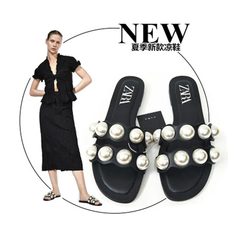 

Summer Flat Women's Slippers Pearl Women Home Slipp Comfortable Women's Sandals Buckle Women's Beach Shoes Moccasin Femme