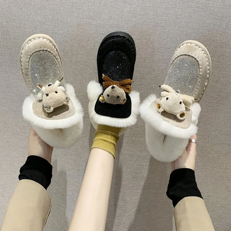 W Осенне зимняя обувь в стиле Дикая мода круглый носок Зимние сапоги Стразы с