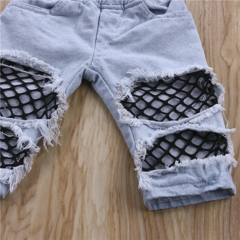 Топы с открытыми плечами для маленьких девочек Джинсовые штаны Рваные джинсы