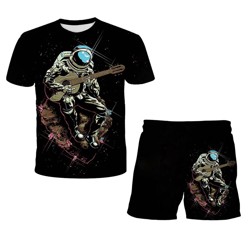 

4-14 Children T-shirt Astronaut 3D Print Suit Space Starry Sky Series T-shirt 2021 Summer Boy Girl Short Sleeve + Shorts 2-piece