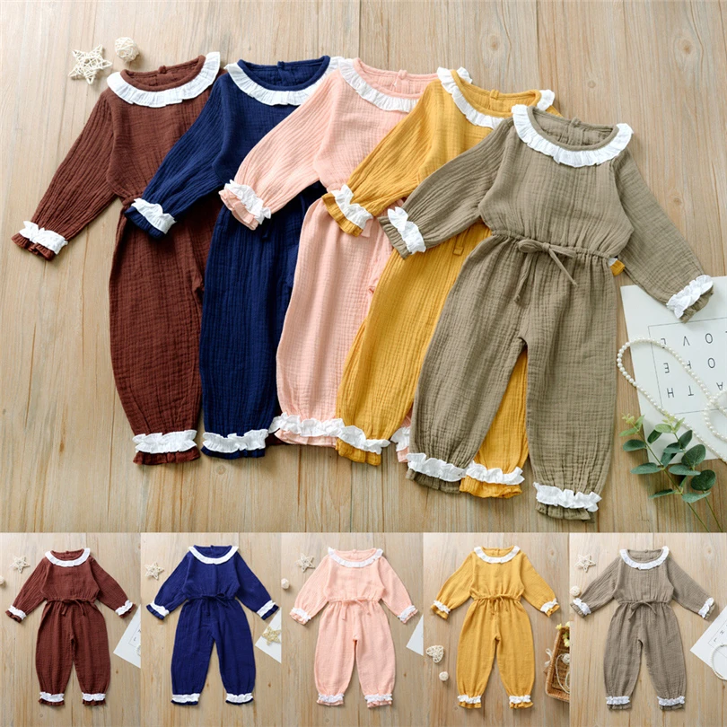 

Infant Baby Girls Rompers Newborns Solid Color Lace Ruffles Bow Long Sleeve Jumpsuits Fashion Pullover Baby Clothes 6M-3T A20