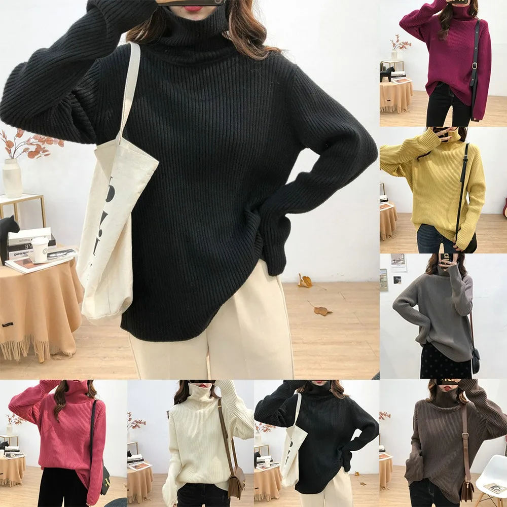 

Oversized Women Classic Warm Thick Turtleneck Knitted Pullover Loose Ribbed Sweater Cardigan Tops Multicolor