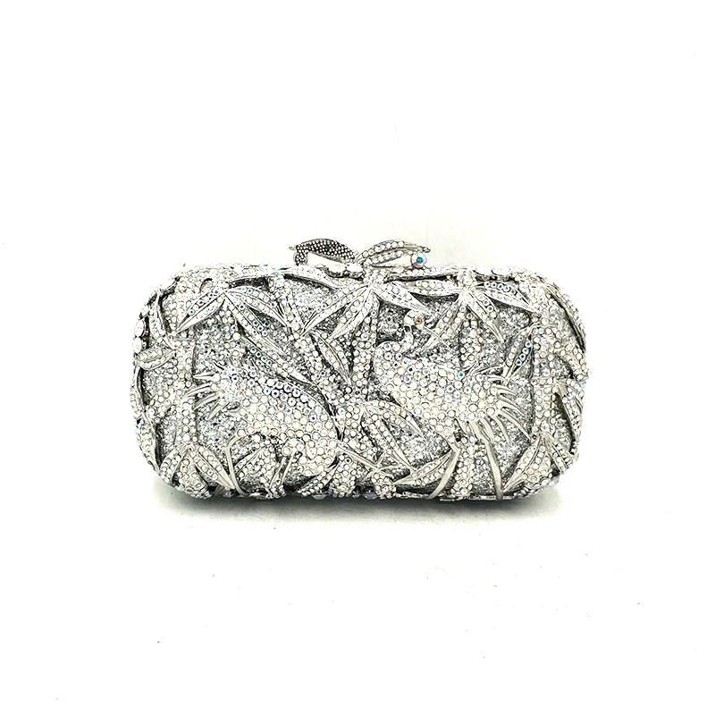 

Bamboo And Bird Silver Blue Diamond Clutch Bag Women Crystal Cocktail Party Dinner Handbag Hollow Out Wedding Bridal Prom Purses