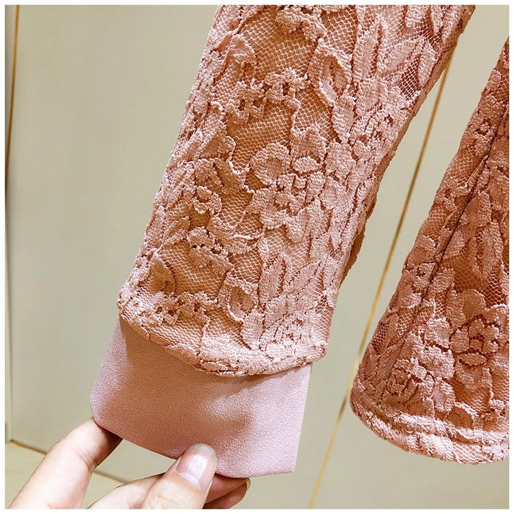 

Korean style lace blouse bottoming shirt women's spring and autumn new style loose plus velvet long-sleeved flower crochet tops