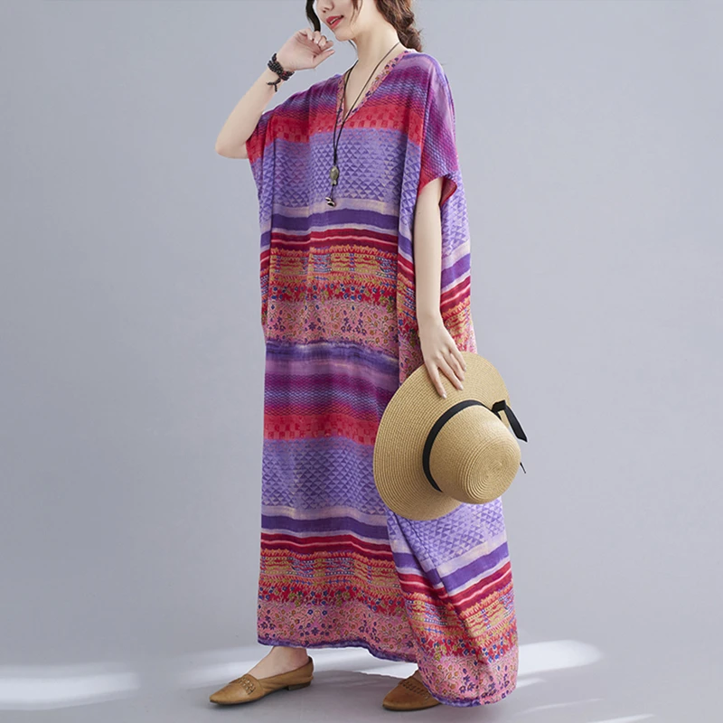 

Short Sleeve Cotton Linen Floral Pattern Boho Vintage Dresses For Women Casual Loose Long Summer Elegant Clothes Sundress 2021