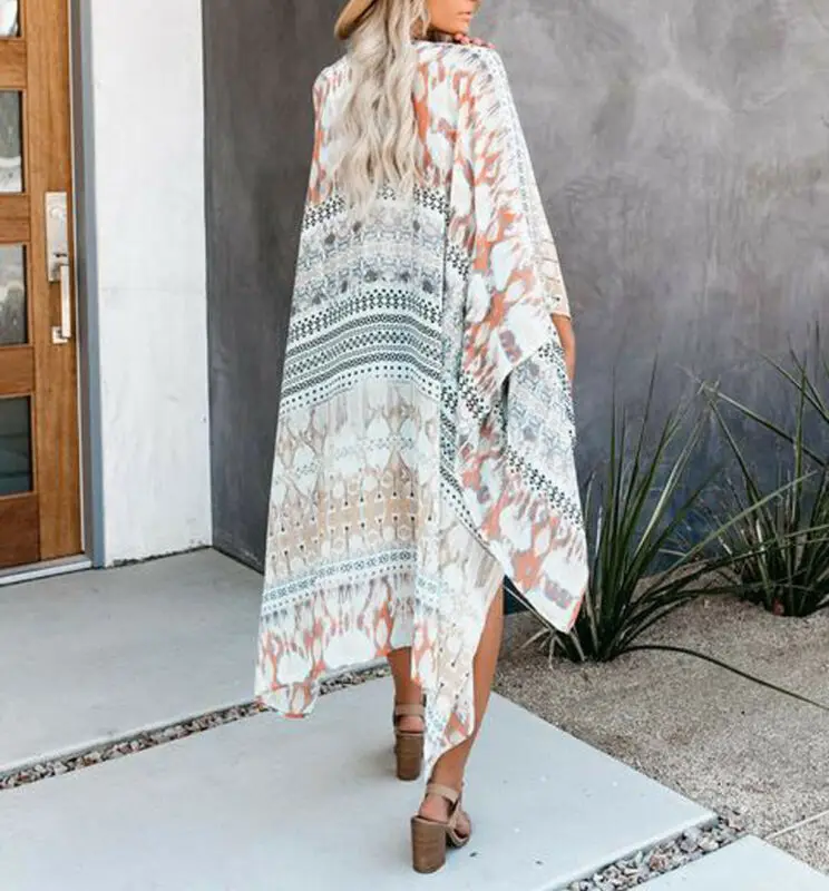 Женский длинный кардиган с цветочным принтом в стиле бохо свободная шаль кимоно