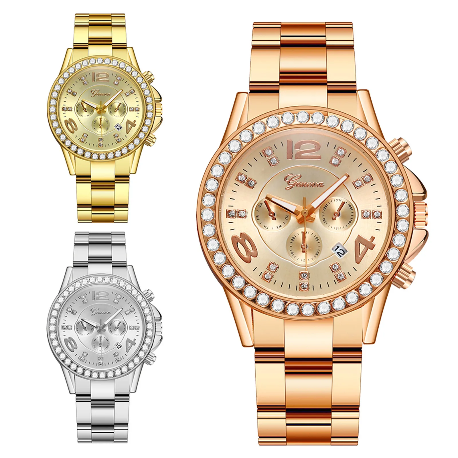 

Geneva Reloj Mujer Crystals Wristwatches Luxurious Quartz Analog Watch Relogio Feminino Chronograph Plated Classic Quartz Watch