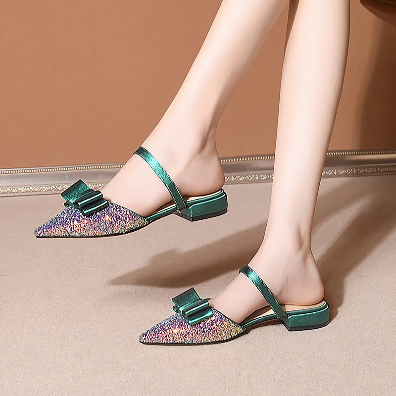 

FEDONAS Sweet Butterfly Knot Women Mules Fashion Quality Pointed Toe Thiock Heels Sandals Women Wedding Party Shoes Woman Heels