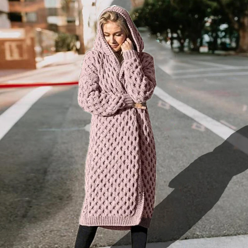 2019 New Warm Women's Solid Sweaters Casual Long Hooded Knitted Sweater Sleeve Cardigan Women Female Cotton Coat |