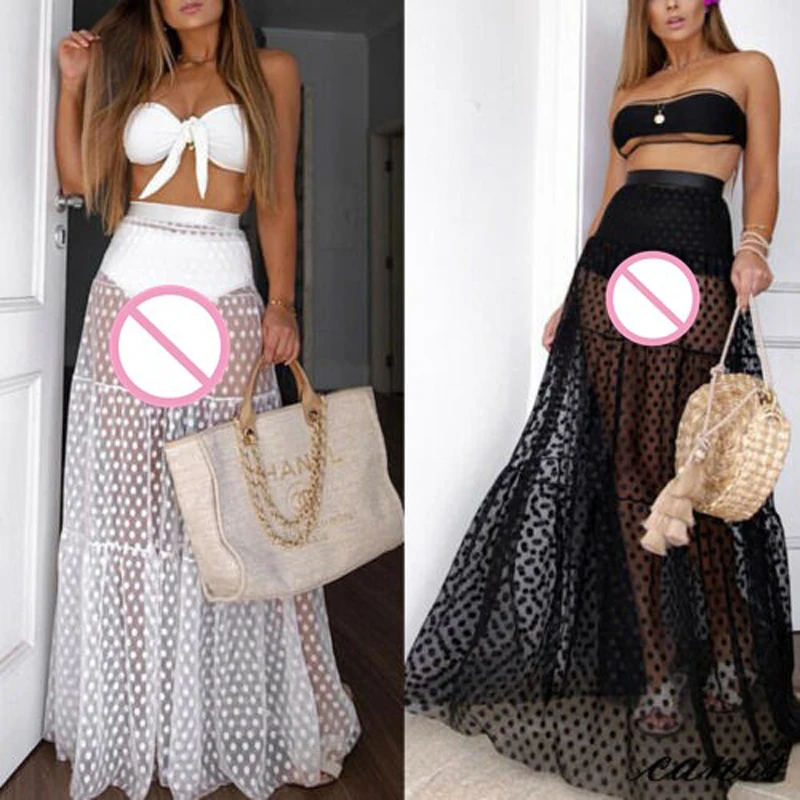 

Women Skirt Floor-Length Hollow Out High Waist Solid Color Elegant Fashion See-through Loose Stylish Clothing
