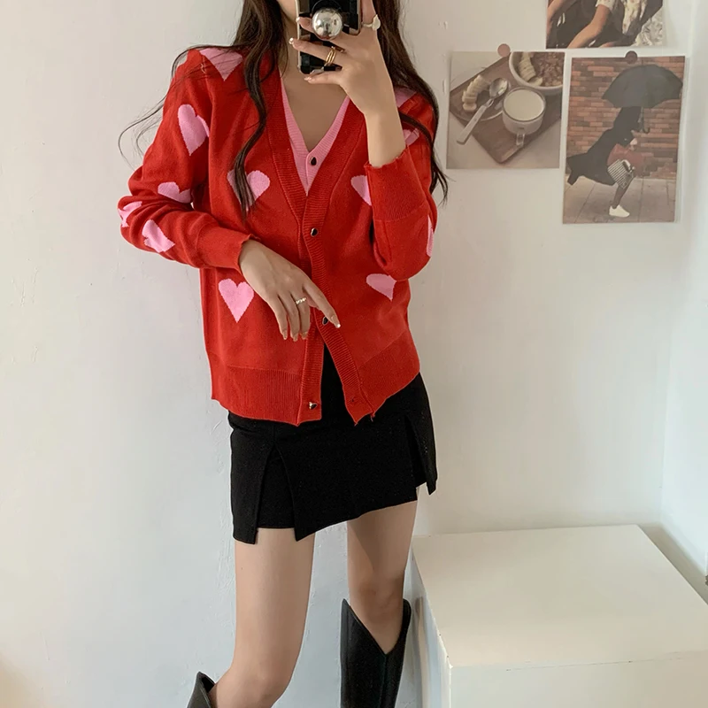 Woherb Love Heart Sweater Knitted Cardigan Women 2021 V Neck Splicing Long Sleeve Jackets Autumn Winter Sweet Female Cardigans |