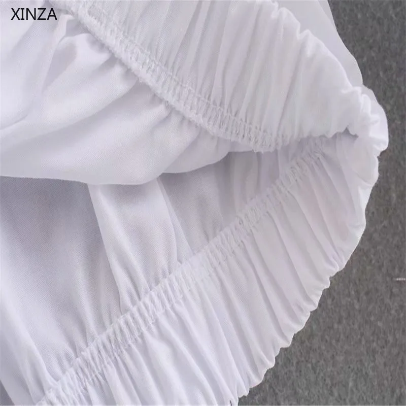 

2021 ZA White Embroidered Eyelet Cropped Blouse Women Long Sleeve Elastic Spring Shirt Female Vintage Hollow Out Pleated Top