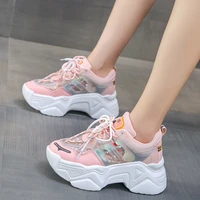 light pink authentic leather clunky sneakers womens summer 2021 new breathable mesh sneakers thick bottom hollow womens shoes