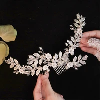 tiara hair combs for women bride pearl crystal headpiece wedding hair accessories gold silver color metal flowers leaf hairclip
