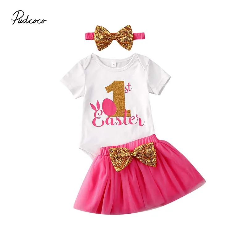 

Pudcoco 2020 Summer Toddler Baby Girl Clothes Sets Easter 1st Birthday Bow Romper Tops Tutu Skirt 2Pcs Outfits Cotton Clothing